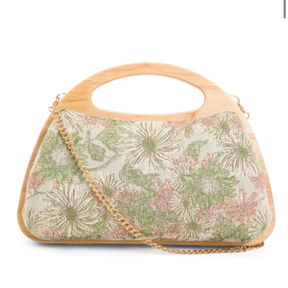 Floral Bamboo Handle Shoulder Bag - Pink & Green